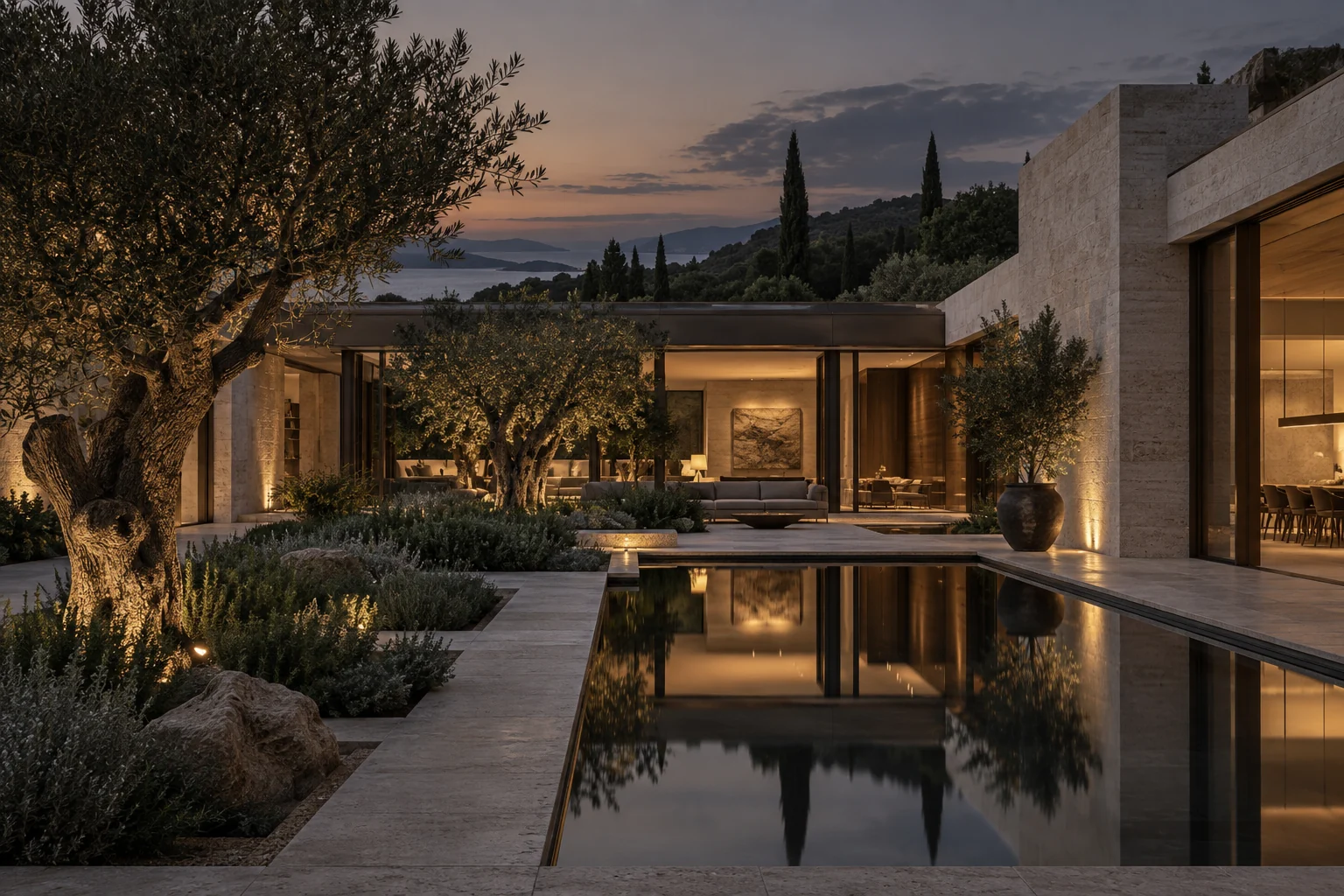 Traverten cepheli, avlu ve su öğesi etrafında tasarlanmış çağdaş villa konsepti